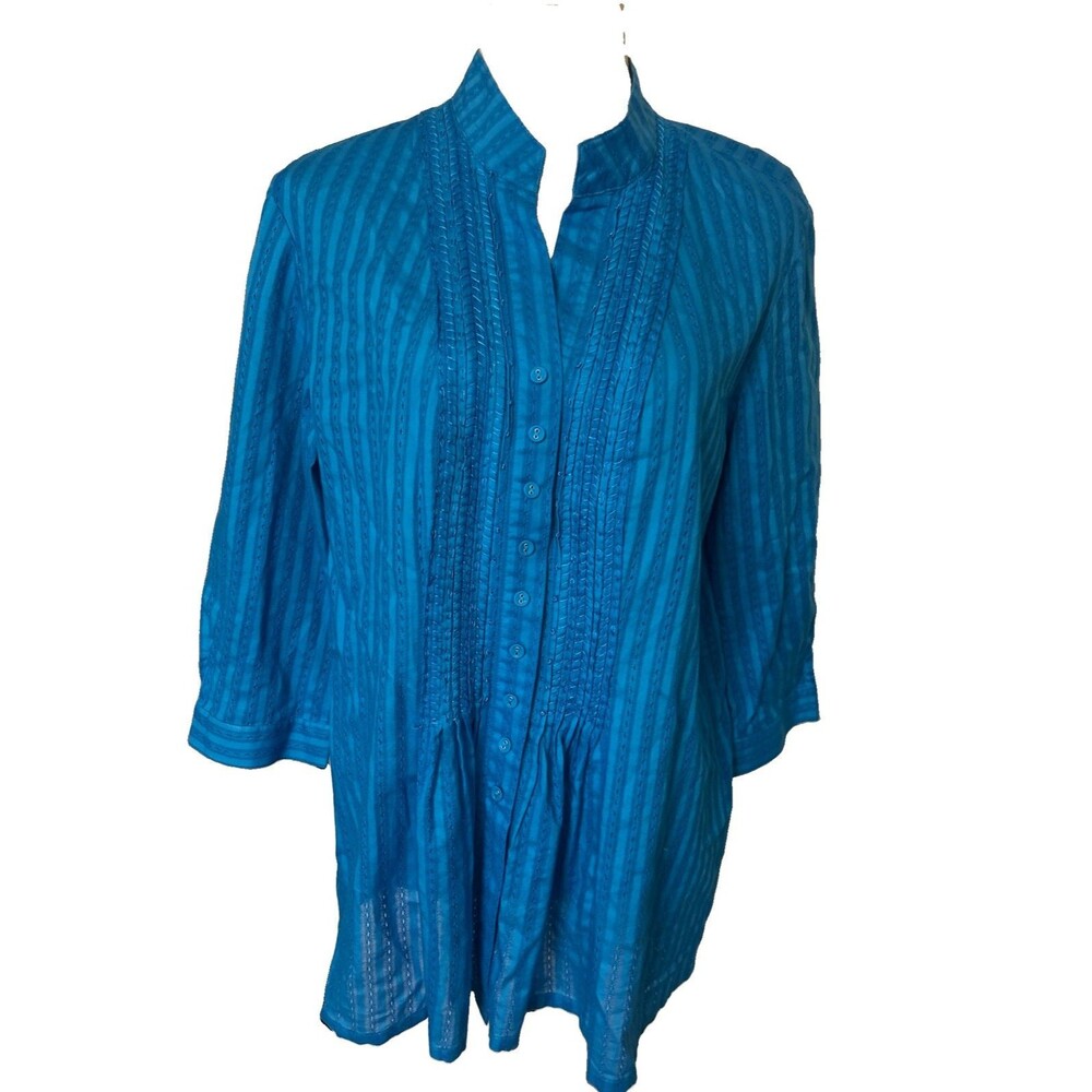 Chico's Pintuck Turquoise Pleated Embroidery Button Up Cotton Tunic Top Sz 2